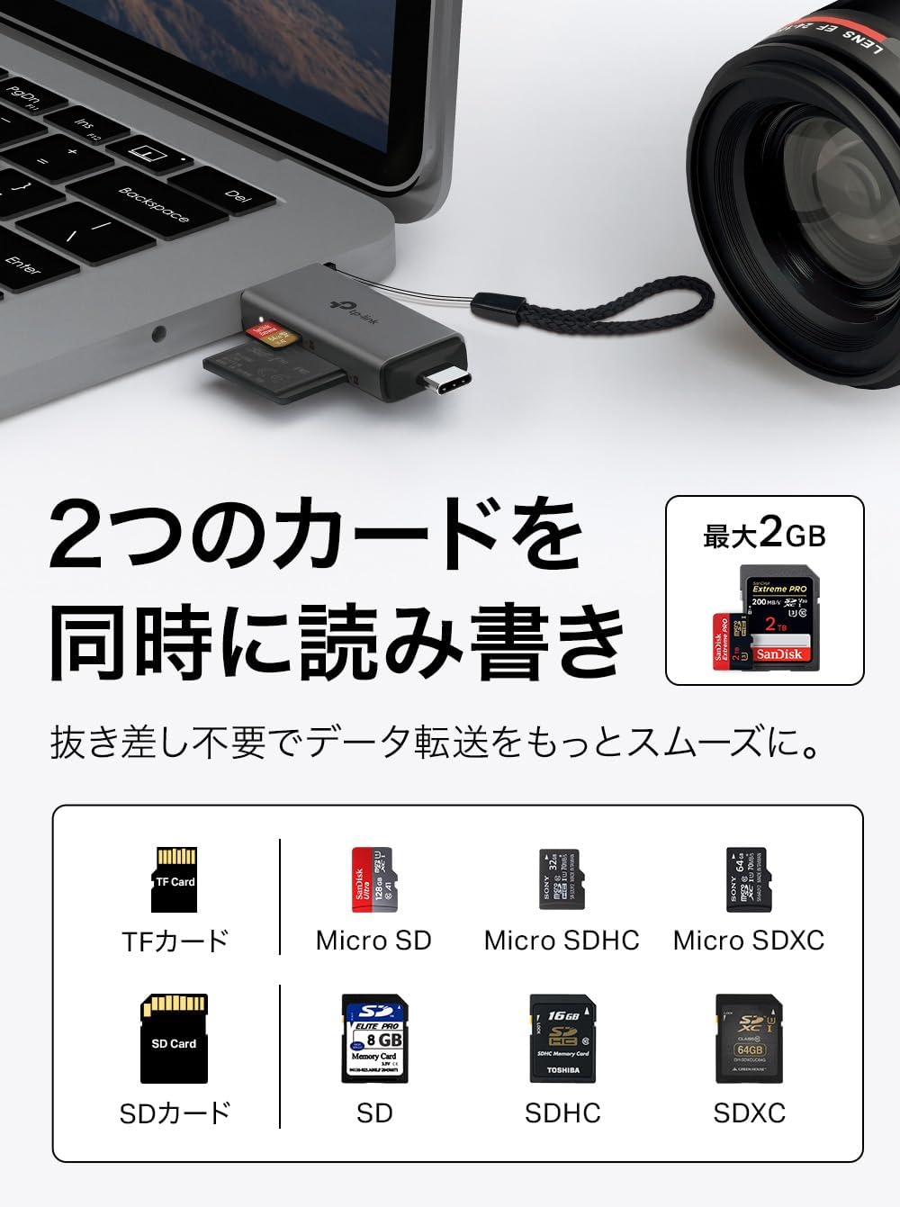 Detalle de TP-Link UA430D USB 3.0カードリーダー、USB-C/USB-A対応・SD/microSDデュアルスロット