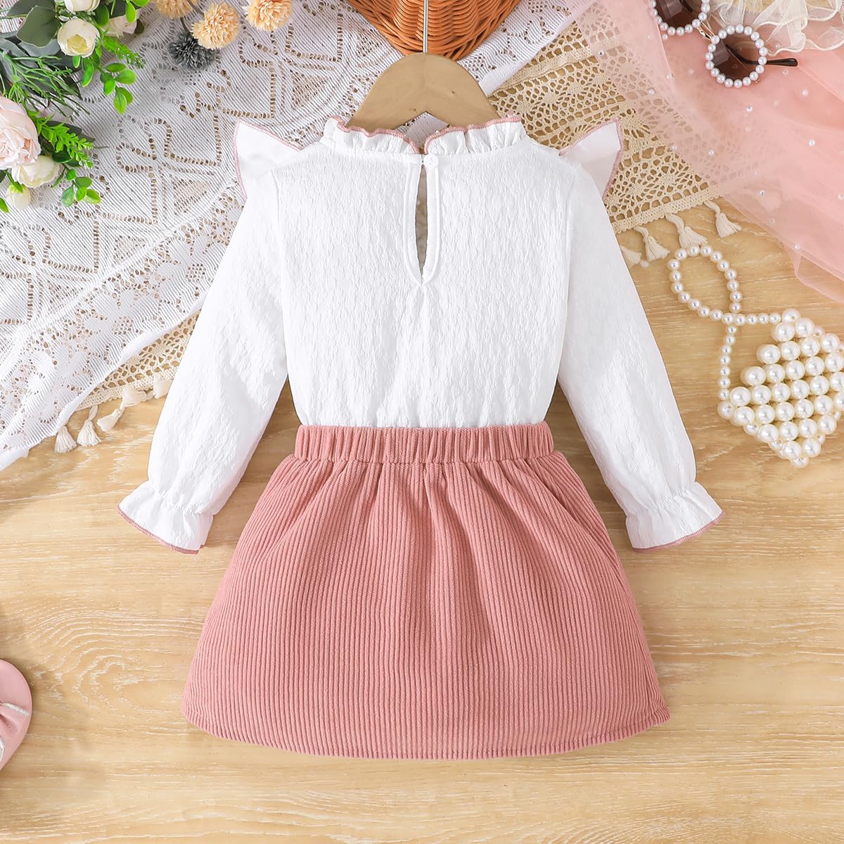 Thumbnail 3 de QUNERY Toddler Girl Clothes: Long Sleeve Ruffled Top & Mini Skirt Set