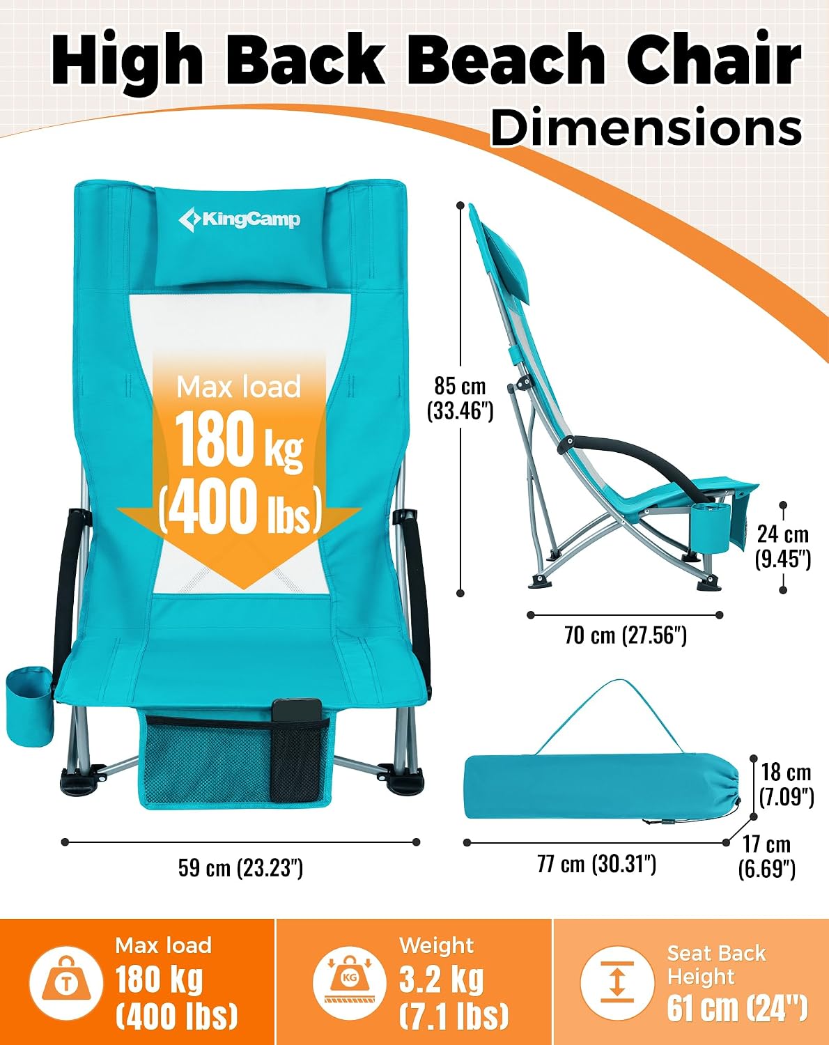 Thumbnail 2 de KingCamp Set of 2 Beach Chairs: Low Folding, Lightweight, 180kg Capacity, Cyan