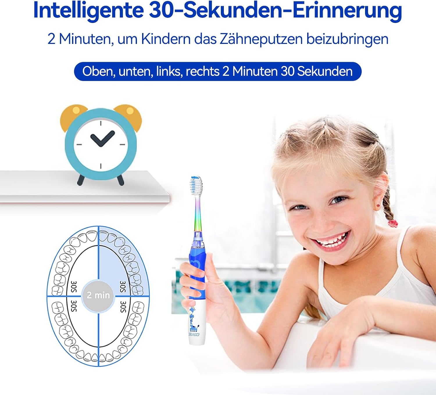 Thumbnail 3 de Seago Elektrische Zahnbürste für Kinder SG977 (ab 3 Jahren) – mit Smart-Timer, 8 weichen Bürstenköpfen und LED-Licht