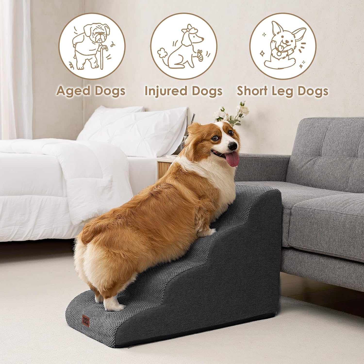 Detalle 2 de EHEYCIGA Curved Dog Steps for Bed: 4-Step Foam Pet Stairs for Bed to Sofa
