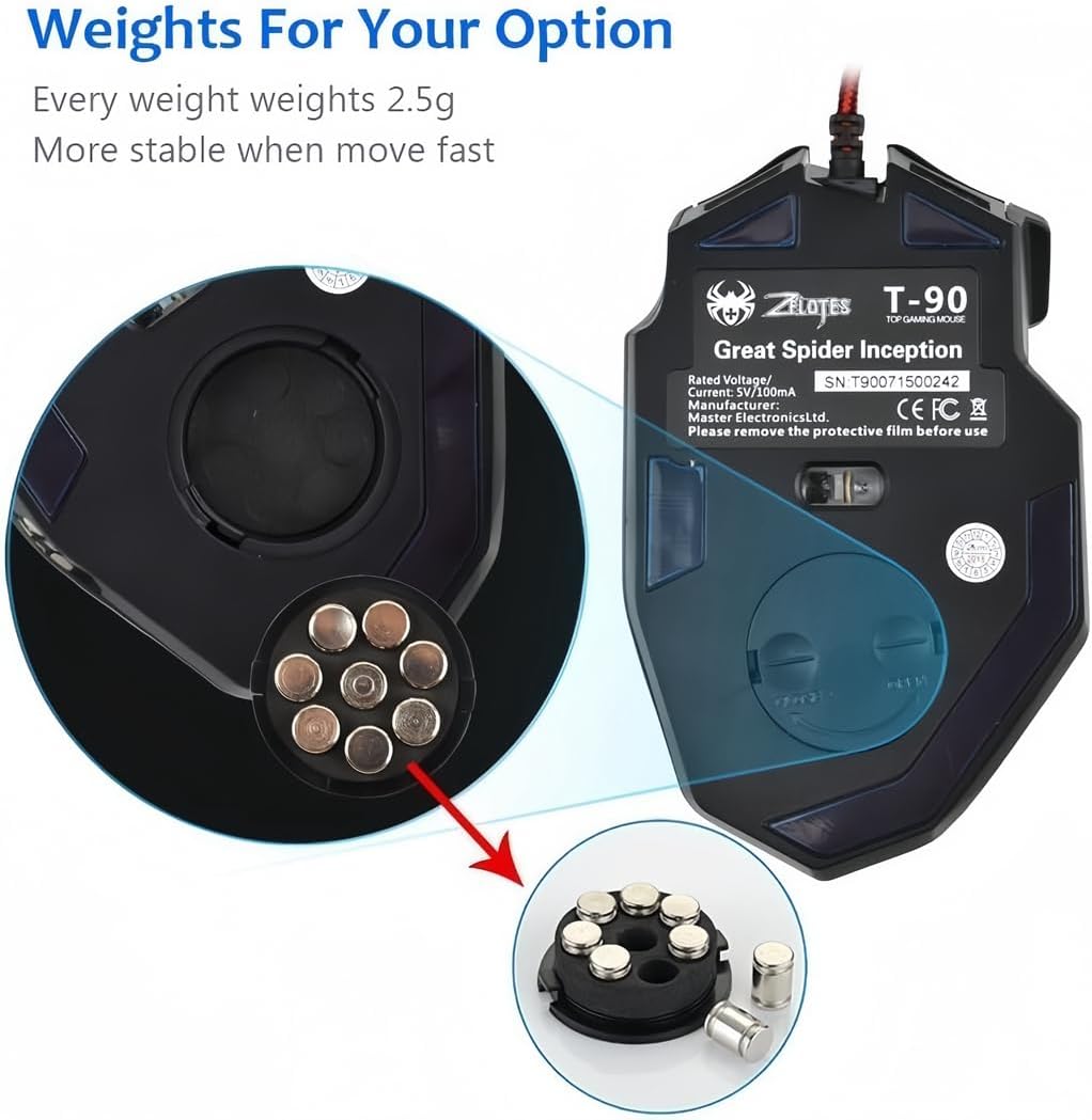 Detalle de Zelotes T90 Gaming Mouse Review: 9200 DPI, 8 Programmable Buttons and Weight Tuning