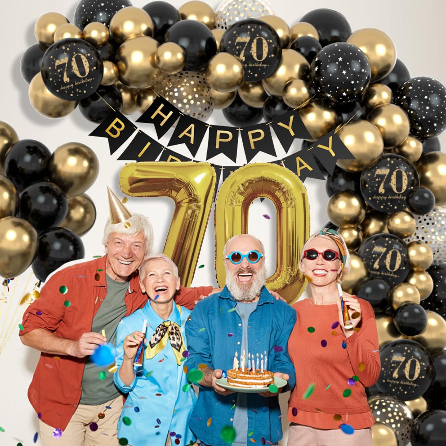 Thumbnail 6 de WINAROI 70 Geburtstag Deko-Set: Happy Birthday Girlande mit Ballons in Schwarz & Gold