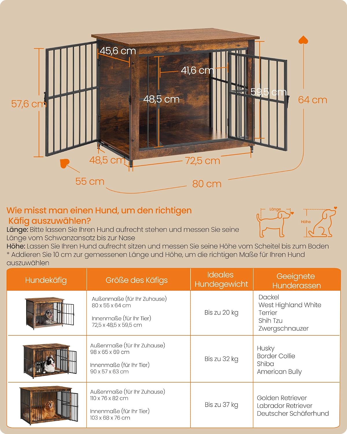 Thumbnail 6 de Feandrea Hundebox Degwood PFC022KD01 – 82 × 55 × 64 cm, 2 Türen, geschlossenes Boden, Vintagebraun