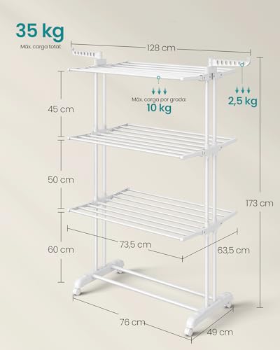 Detalle de SONGMICS Tendedero Plegable de 4 Niveles con Ruedas y Alas Plegables