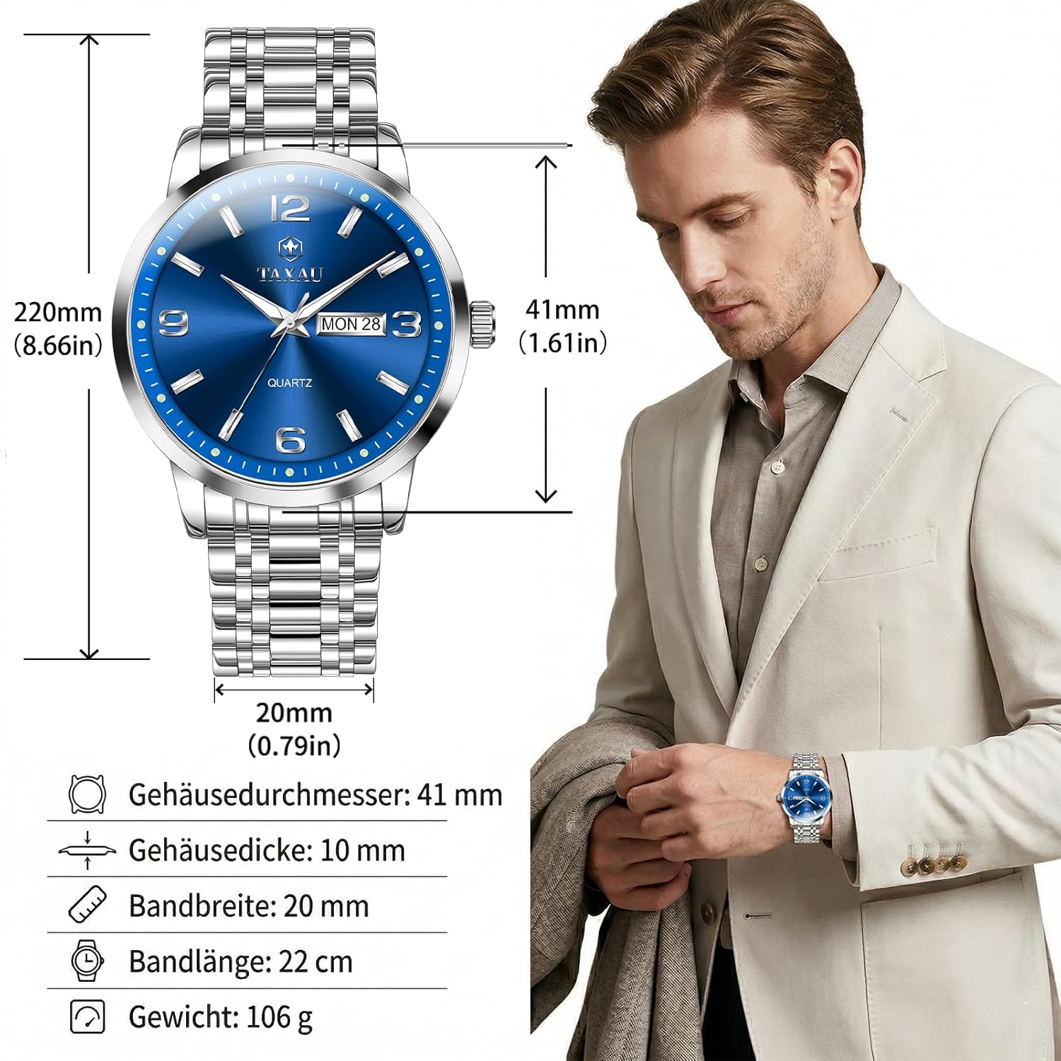Thumbnail 1 de Taxau Wasserdicht Edelstahl Herrenuhr – Blaues Zifferblatt, Datum & Multifunktion