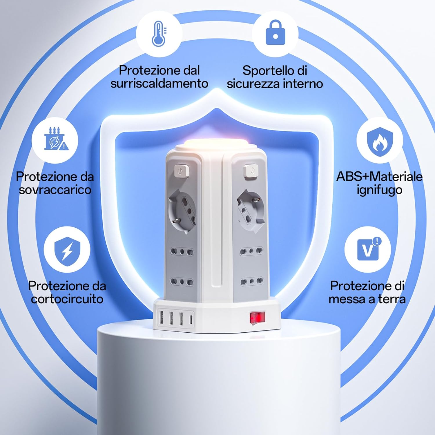 Thumbnail 6 de 3M Ciabatta Elettrica Multipresa con Luce Notturna: 12 prese IT/Schuko + 4 USB (A+C) e protezione avanzata