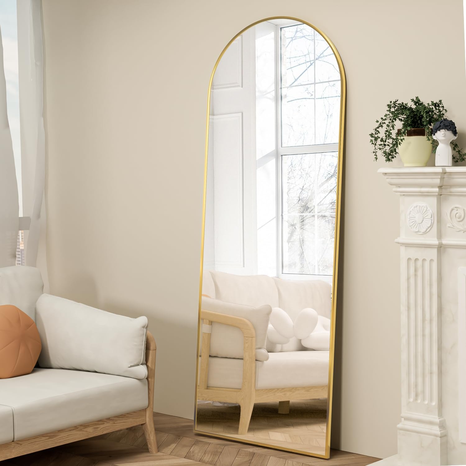 Detalle de NEUWEABY 64" x 21" Arched Full-Length Mirror with Stand, Gold Metal Frame