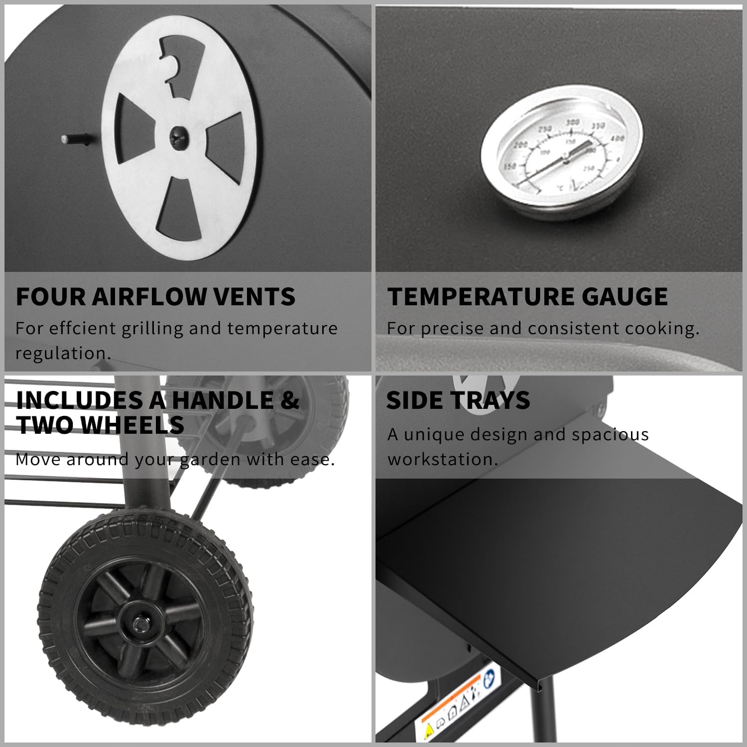 Detalle de Holzkohlegrill-Kesselwagen mit Deckel – großer Fass-Grill, Thermometer, Grillrost & Warmhaltegitter