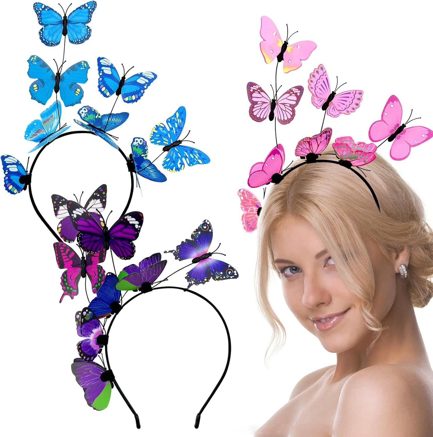 Jaczora 2-pack Butterfly Headbands with 3D fairy elf hair accessories (blue + pink)