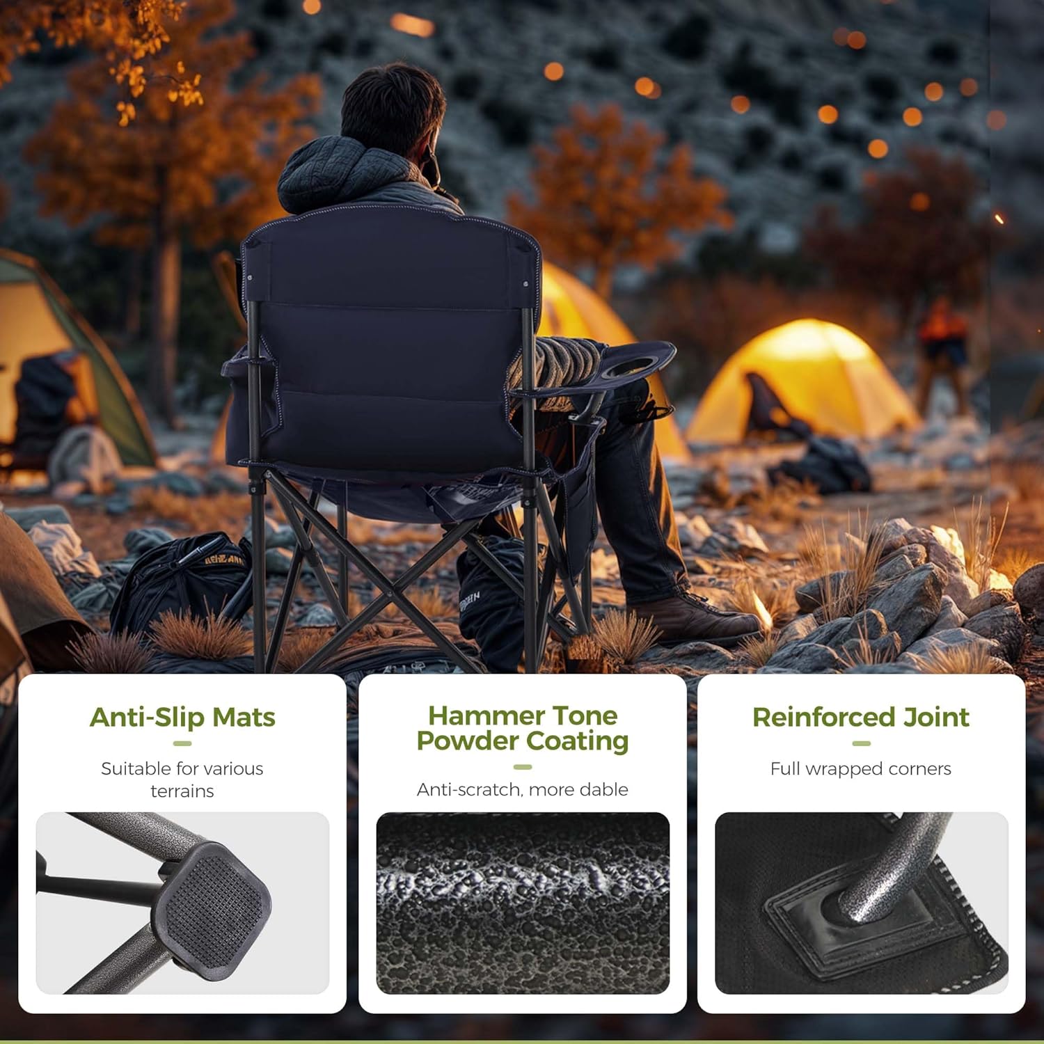 Thumbnail 6 de ALPHA CAMP Set of 2 Heavy-Duty Folding Camping Chairs (Up to 200kg) – Navy, with Cup Holder, Cooler Bag and Side Pocket