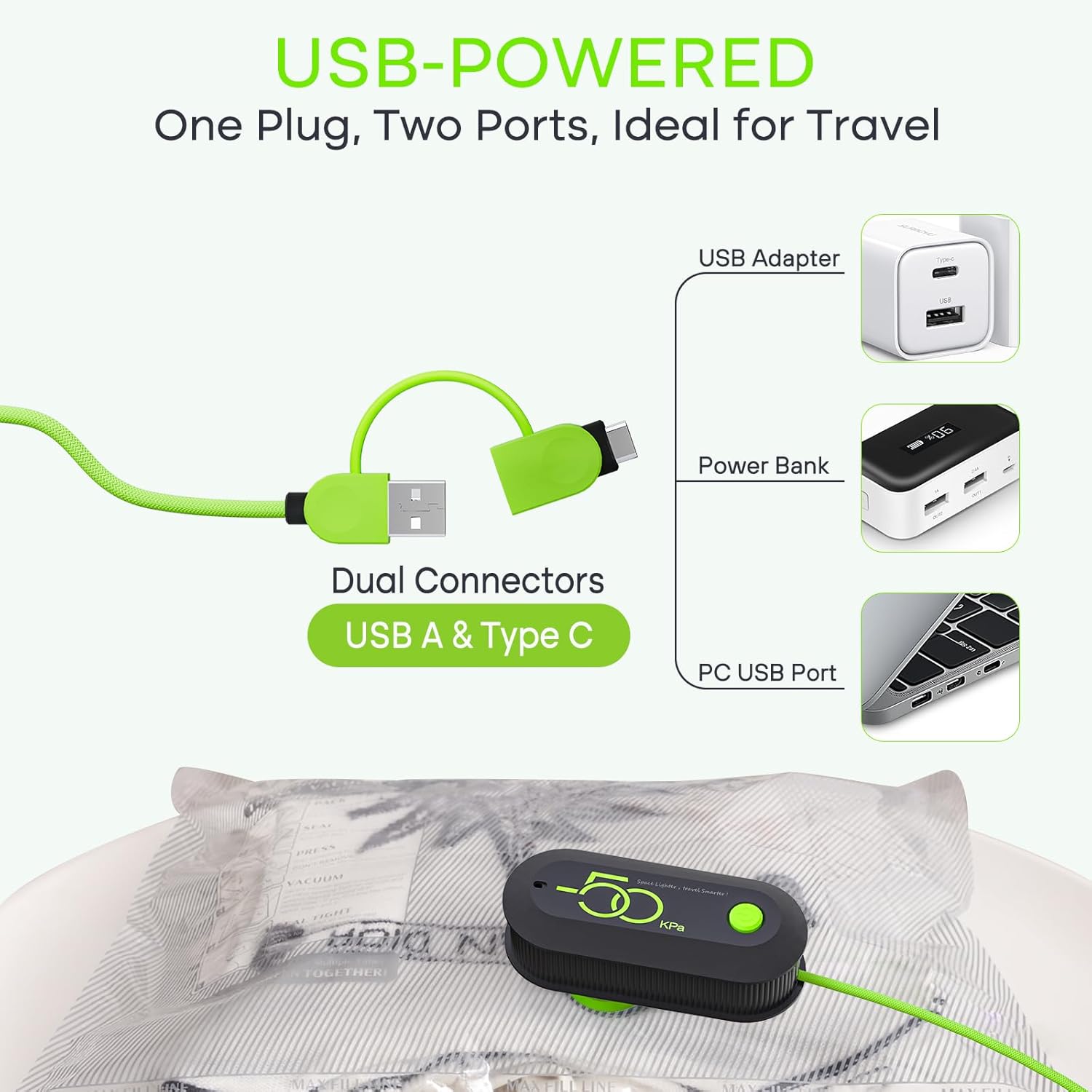 Detalle 2 de Vacbird Vakuumbeutel für Kleidung mit Elektrischer Pumpe – Set aus 12 Beuteln (4×40×40, 4×40×50, 4×40×60) mit USB-Pumpe
