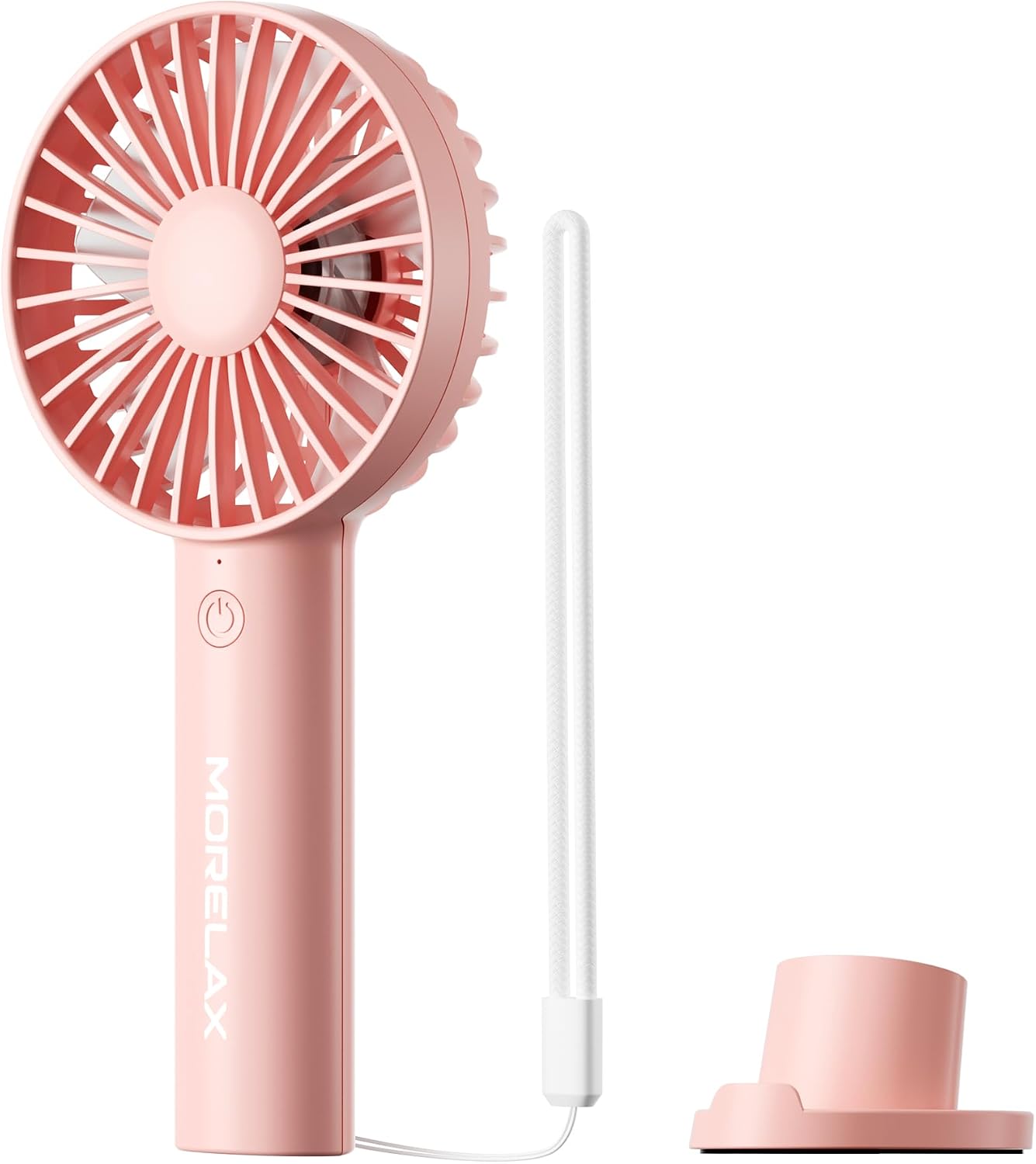 Detalle de Morelax Handheld Fan – USB Rechargeable Mini Portable Fan with Base (Pink)