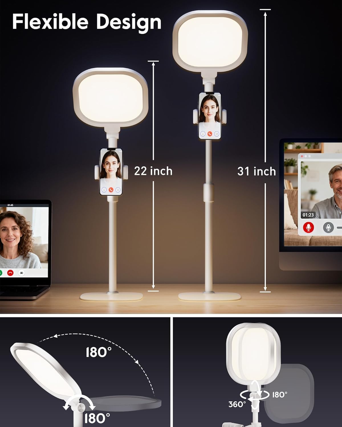Detalle de LitONES Desk Ring Light with Stand and Phone Holder – 30 Lighting Modes, 3000K–6500K