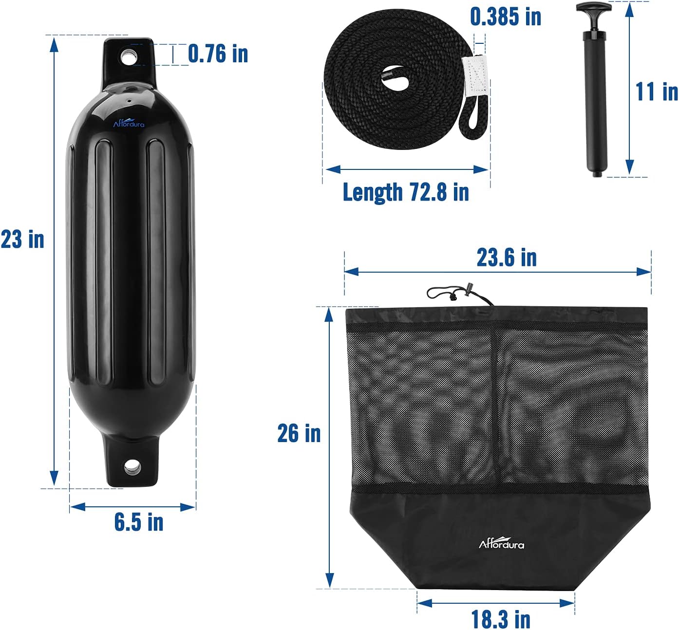 Thumbnail 6 de Affordura Boat Fender 4 Pack: 4x 6.5-Inch Boating Fenders with Ropes, Pump and Storage Bag