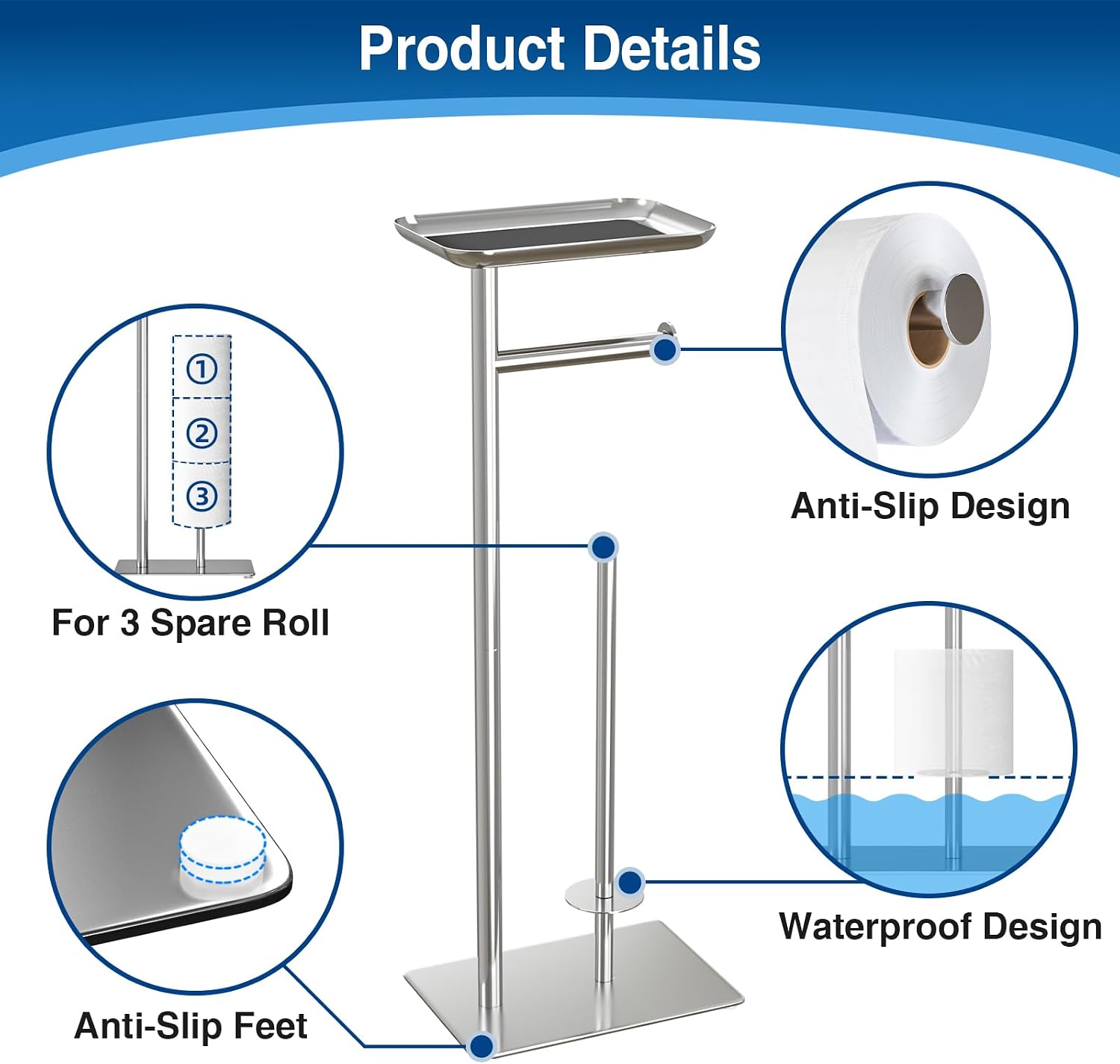 Thumbnail 2 de Toilet Roll Holder Free-Standing with Top Shelf — 4 Rolls, Stainless Steel
