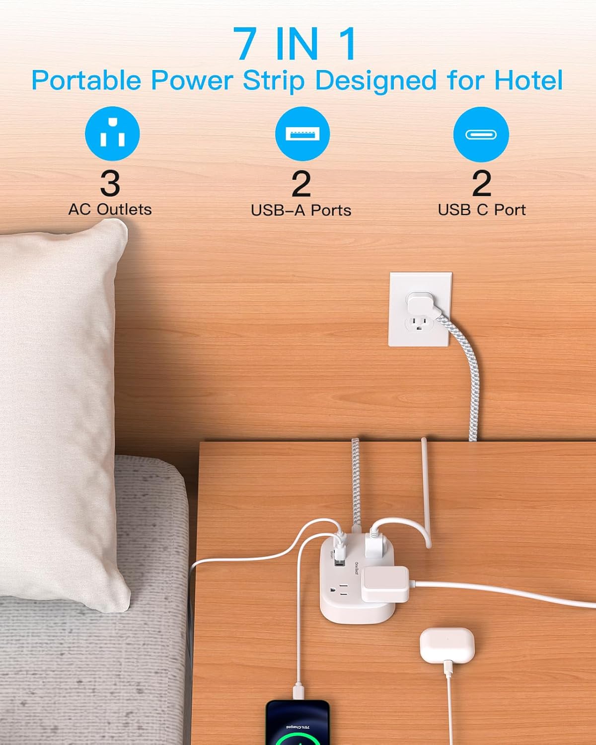 Detalle 2 de Cruise Essentials 2026: One Beat Travel Power Strip with USB-C (7-in-1) for Cruise, Dorms, and Hotels