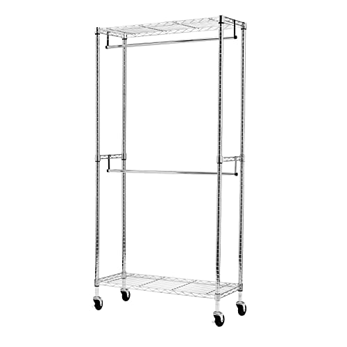 Detalle de Amazon Basics Perchero de ropa doble con ruedas, cromo 🚪
