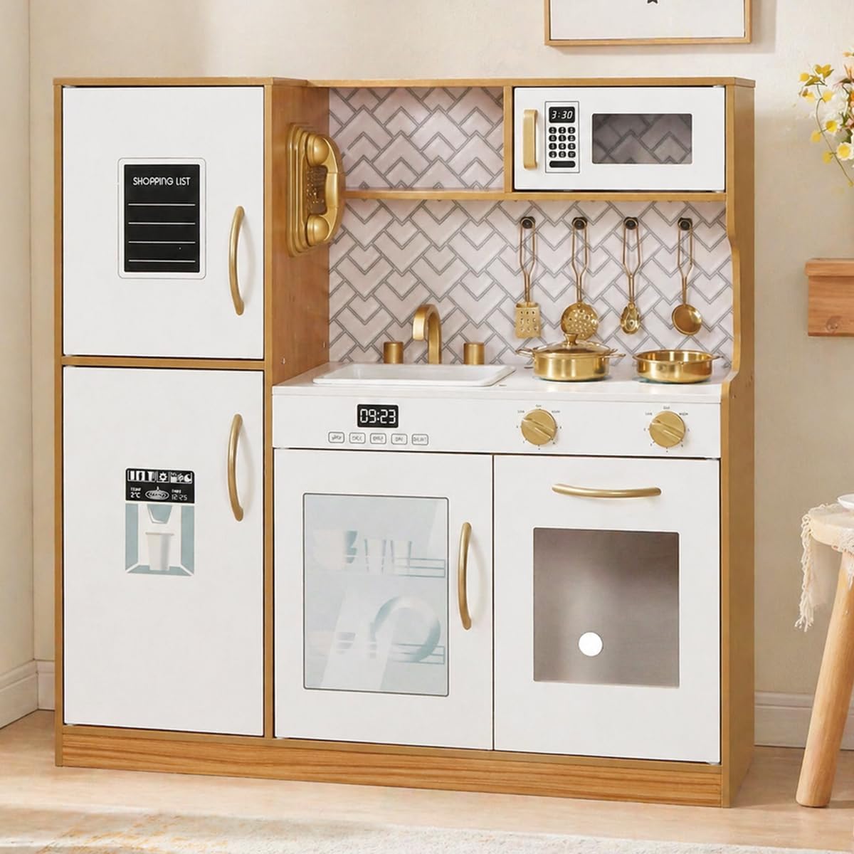 Detalle de Wooden Play Kitchen Set with Lights, Oven, Microwave, and Pretend Utensils