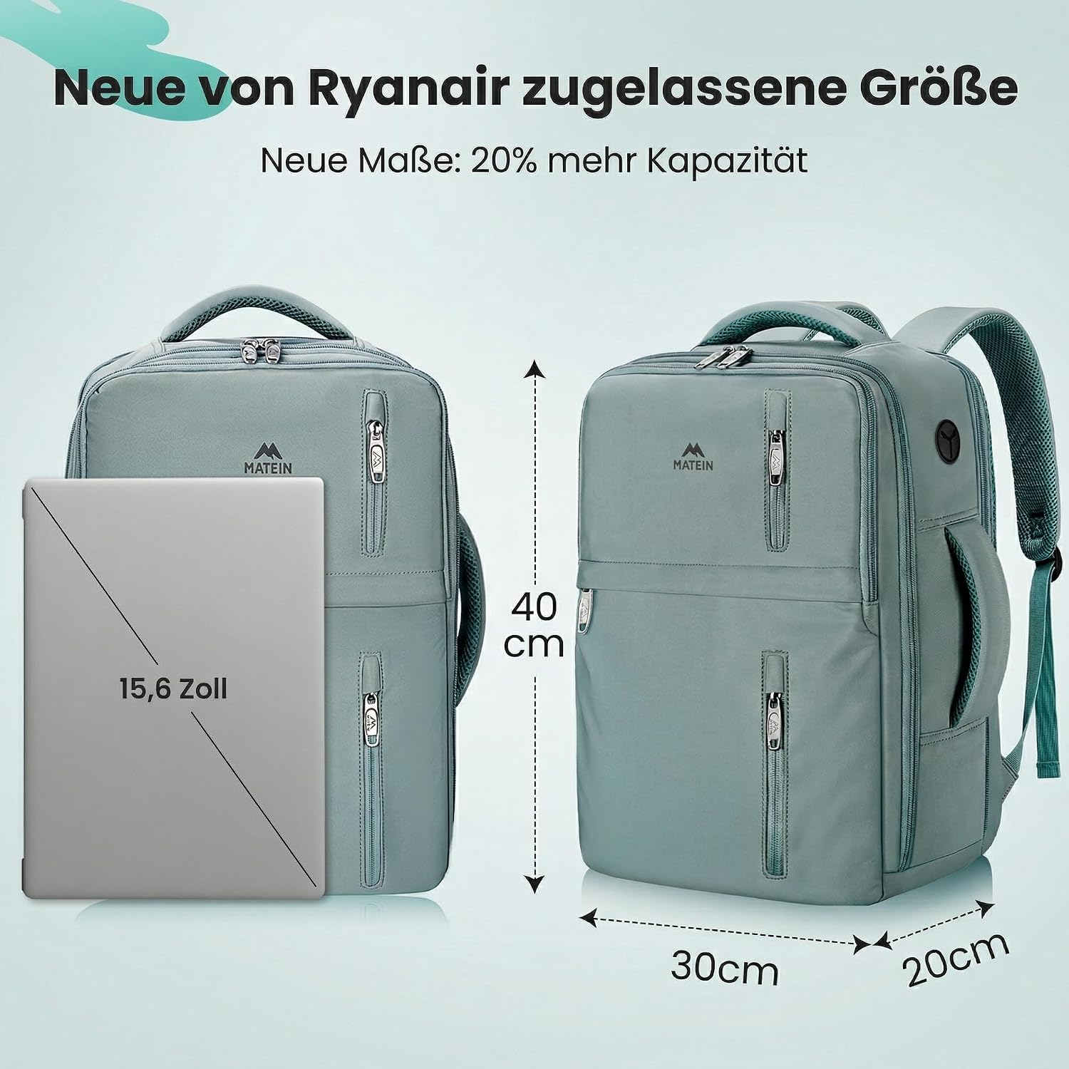 Detalle de MATEIN Ryanair Handgepäck 40x30x20 cm – kompakter 24L Rucksack mit Nassfach und Laptopfach (Pfauengrün)