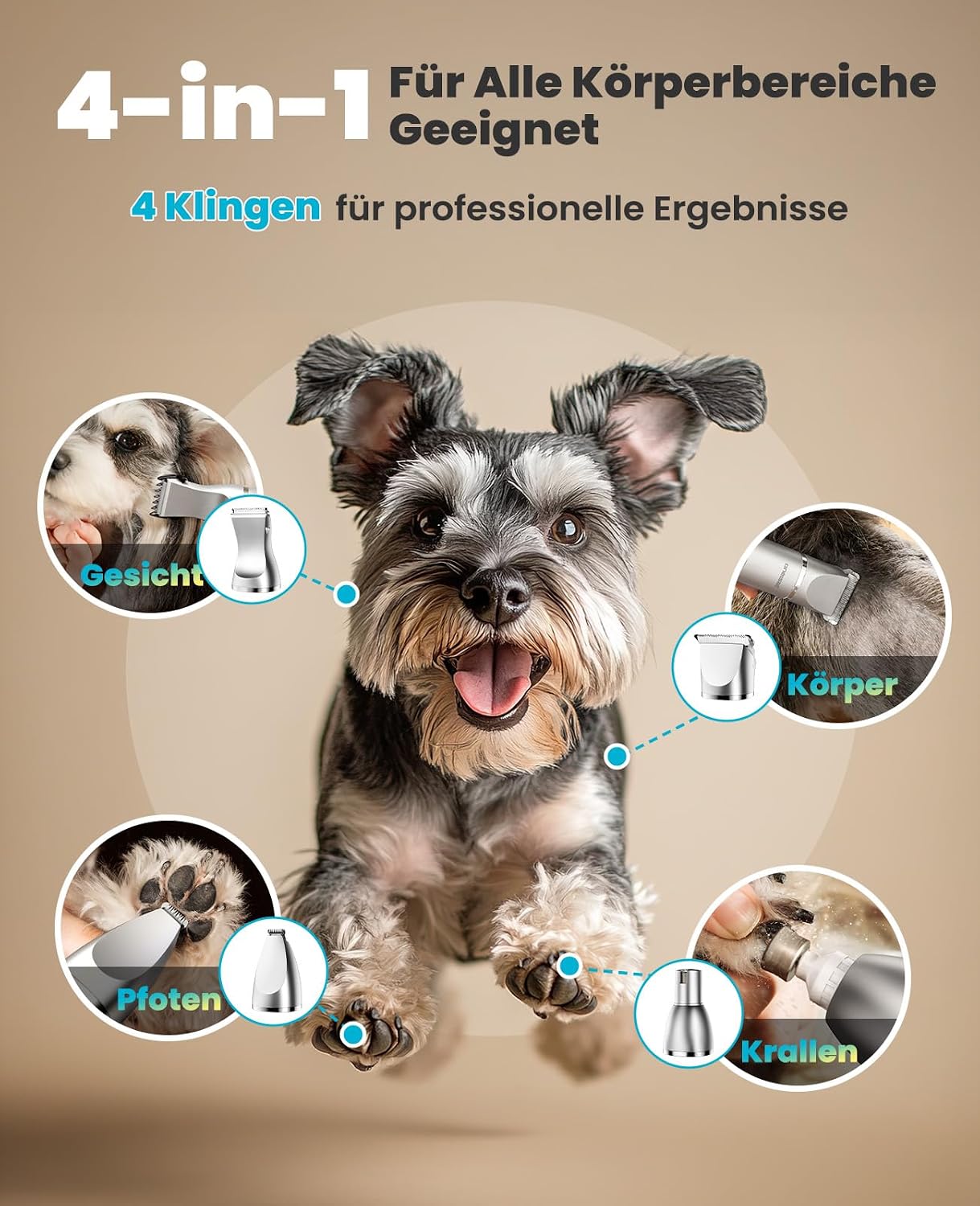 Detalle de oneisall 4 in 1 Hundeschermaschine Set – Leiser Multifunktions-Trimmer mit Nagelpflege (Silber)