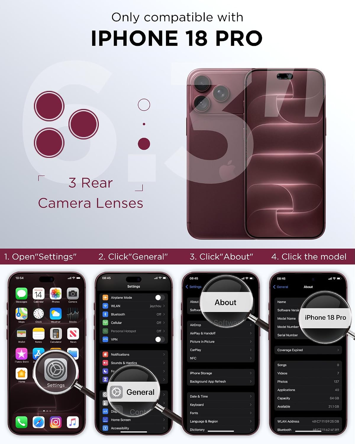 Thumbnail 2 de Diaclara Magnetic Case for iPhone 18 Pro with Screen Protector, Burgundy