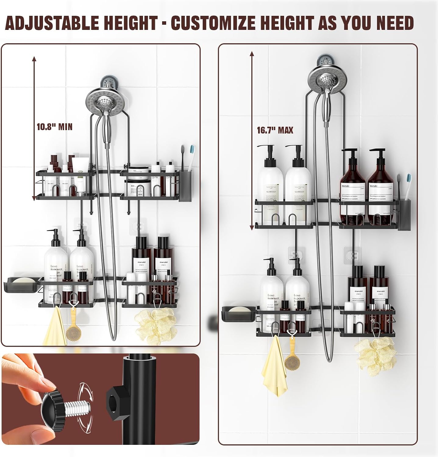 Detalle de REINHARDT Adjustable Shower Caddy for Handheld Showerheads, Black, 4 Baskets