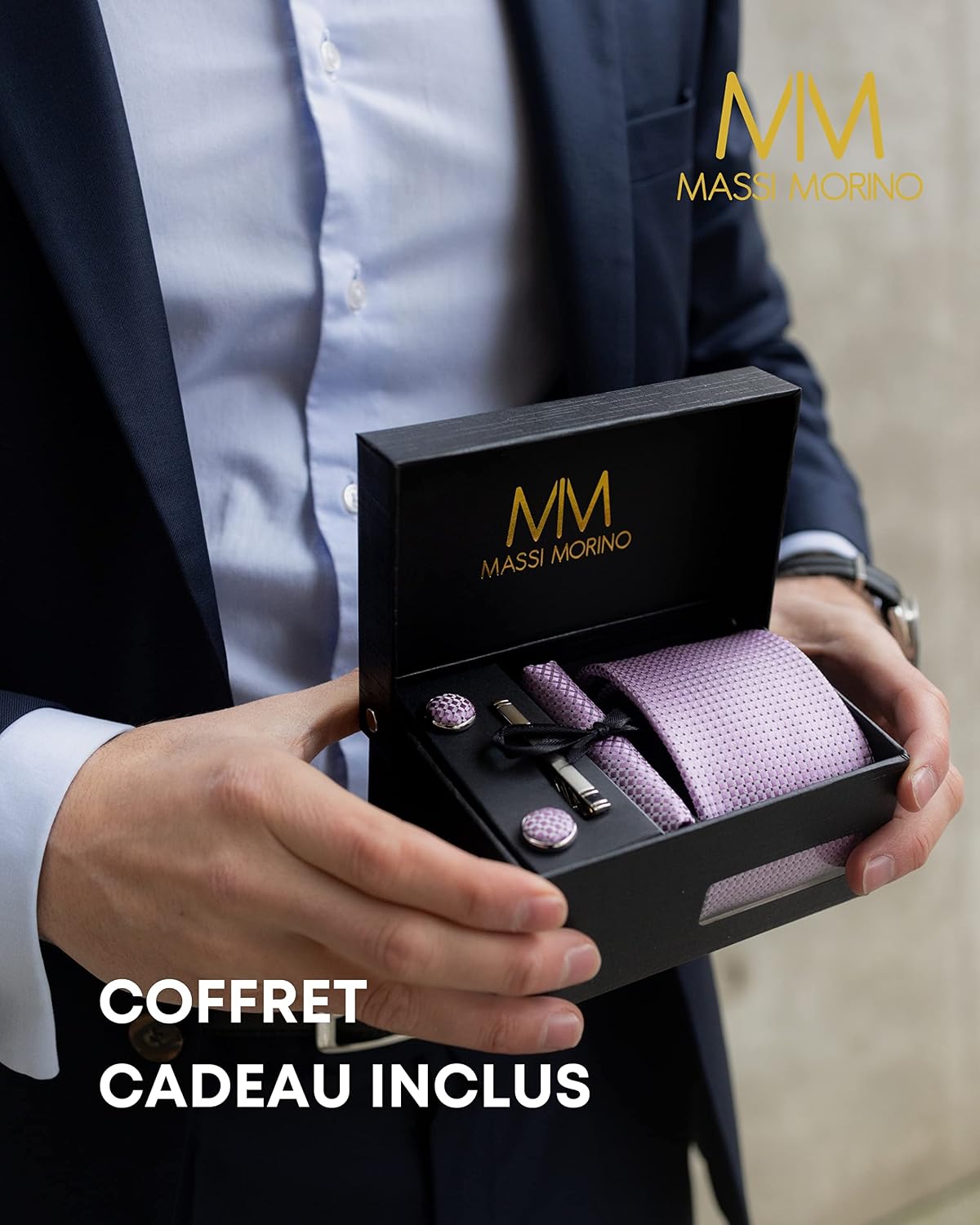 Detalle de Coffret cravate homme Massi Morino Morino 5-en-1 (cravate, mouchoirs, boutons de manchette et pince à cravate)