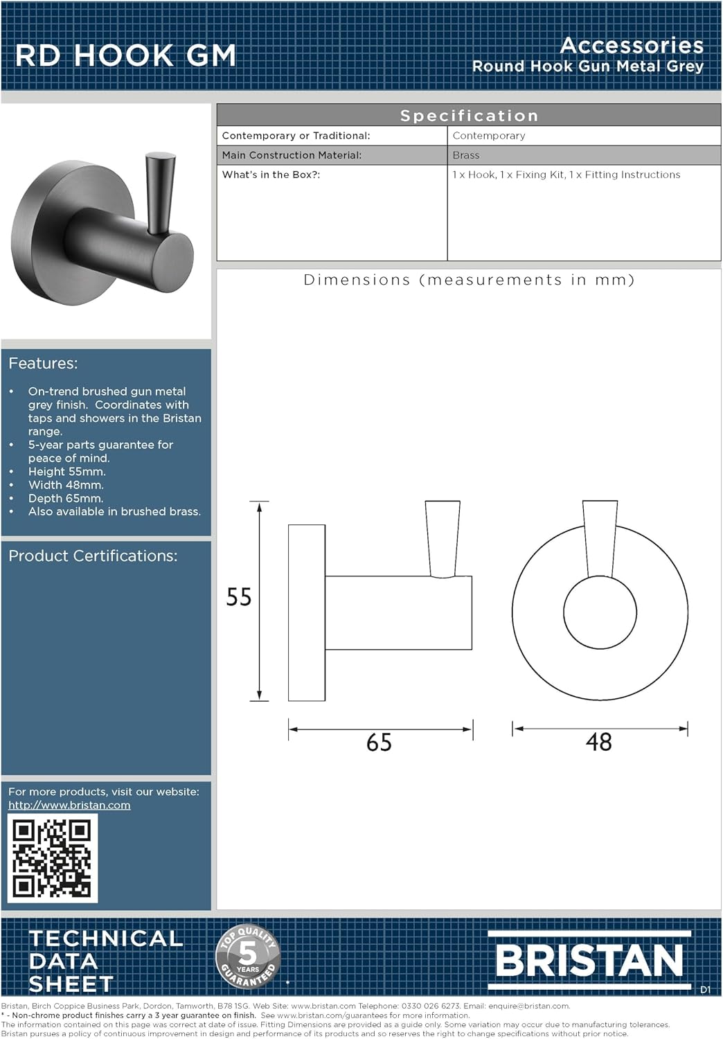 Detalle 2 de Bristan Round Hook in Gun Metal Grey (solid brass) – 55mm x 48mm