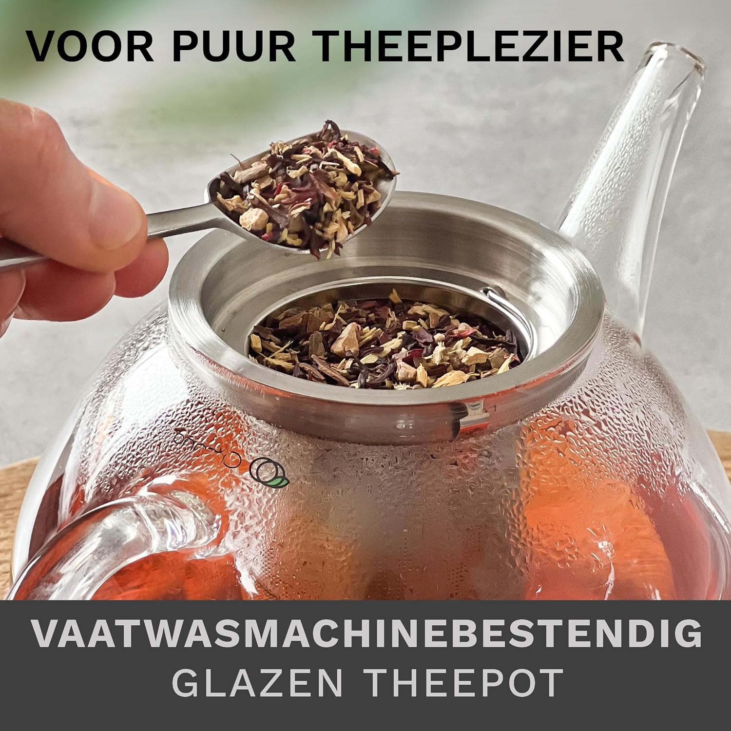 Detalle de Creano 061 platte glazen theepot 800 ml met RVS-filter en borosilicaatglas