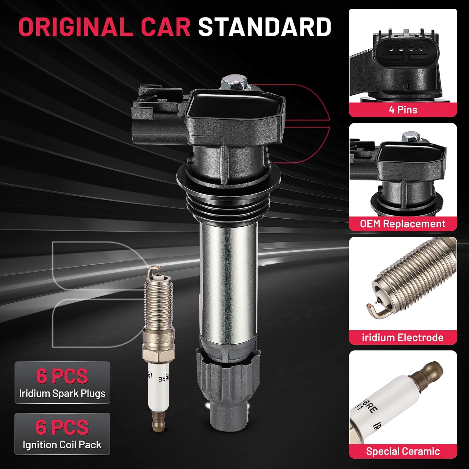 Detalle de BDFHYK Ignition Coil Pack UF569 + Iridium Spark Plugs 41-109 — 6‑Piece Set for Buick, Cadillac, Chevy, GMC (OE fit check)