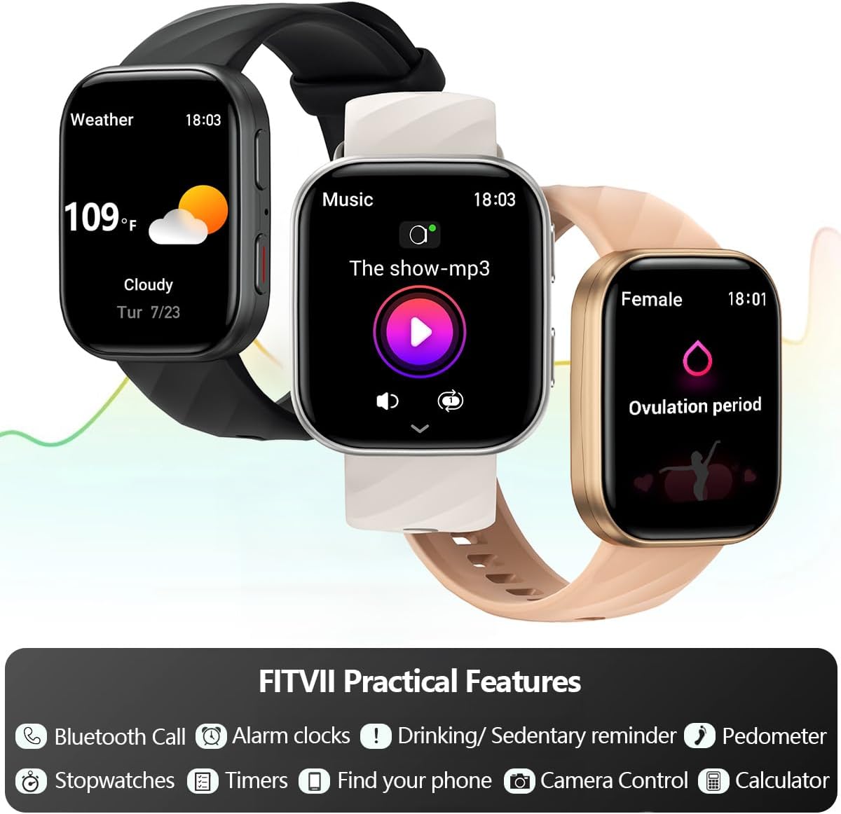 Thumbnail 6 de FITVII Smart Watch for Men & Women (Answer & Make Calls) with 24/7 Heart Rate, Blood Pressure, SpO₂, Sleep & 100+ Sports Modes, 5ATM Waterproof (Black)