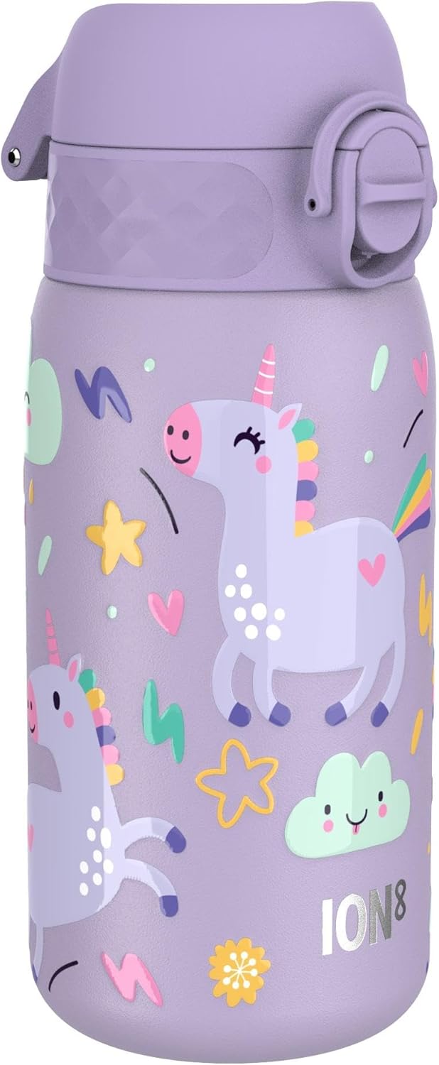 Detalle de Ion8 Edelstahl-Trinkflasche 400 ml – leicht, auslaufsicher, Einhandöffnung, violettes Einhorn