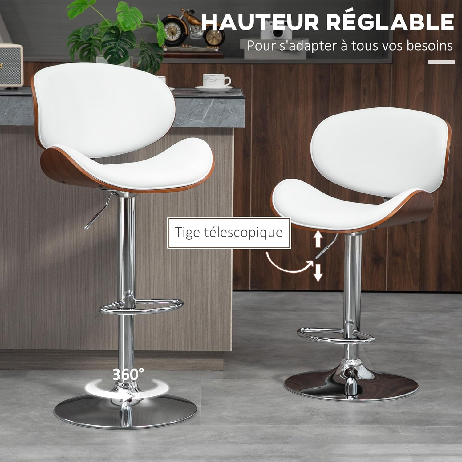Thumbnail 4 de HOMCOM Lot de 2 tabourets de Bar Chaise de Cuisine avec Dossier – régle bassement et pivotants, blanc