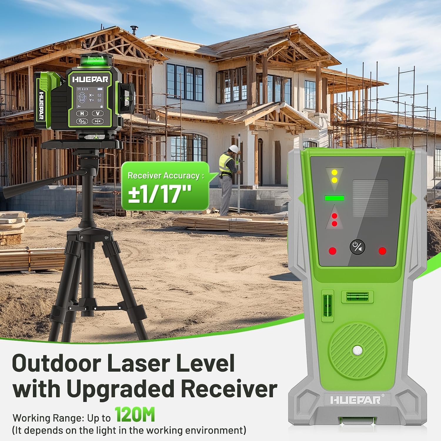 Detalle de Livella Laser Autolivellante 16 linee Huepar con ricevitore, Bluetooth e telecomando (verde, 360°)