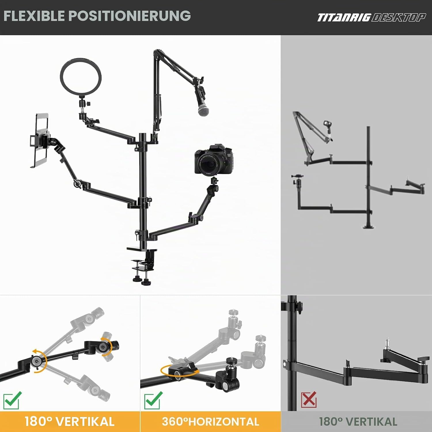 Thumbnail 2 de TARION Tischstativ Overhead Stativ für Kamera – TitanRig 4‑in‑1 Desktop-Setup