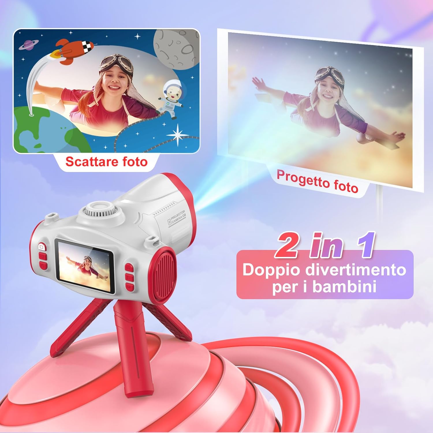 Detalle 2 de Macchina Fotografica per Bambini CHAKEYAKE con Funzione di Proiezione: 1080P, Treppiede e Scheda 32G