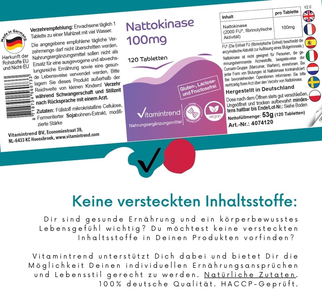 Detalle 2 de Vitamintrend Nattokinase hochdosiert 100 mg – 120 Tabletten, vegan, made in Deutschland
