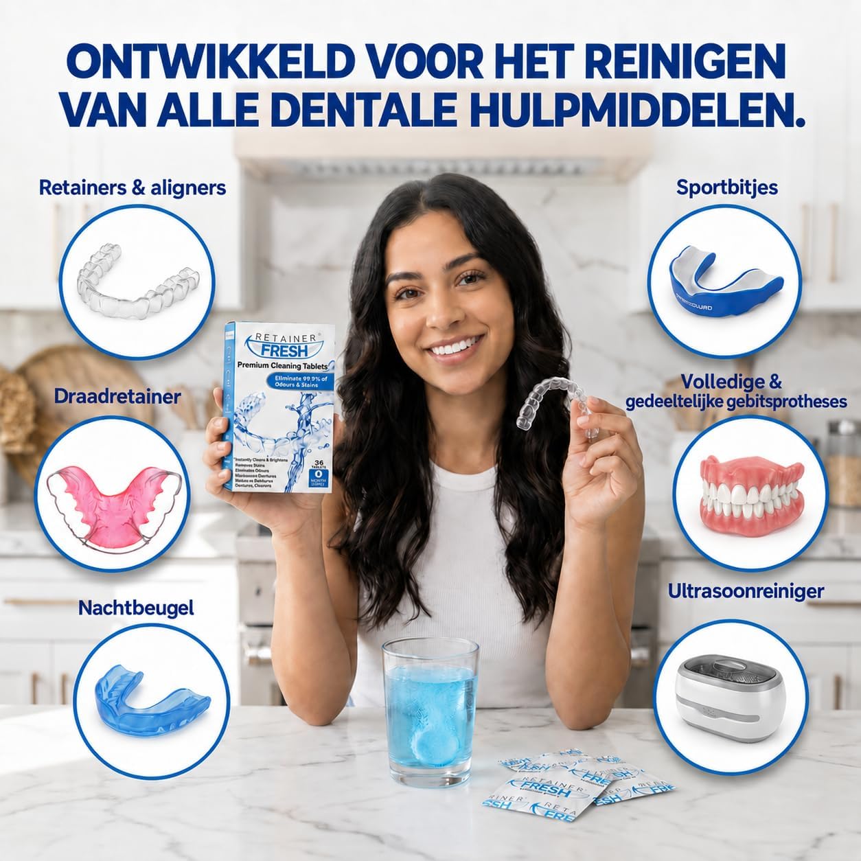 Detalle de Retainer Fresh reinigingstabletten voor beugels, aligners en gebitsbeschermers, 36 stuks
