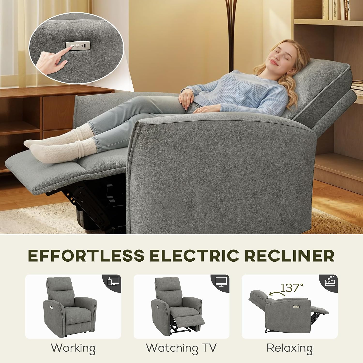 Detalle 2 de HOMCOM Electric Power Recliner Chair, Grey Polyester, USB-A and USB-C