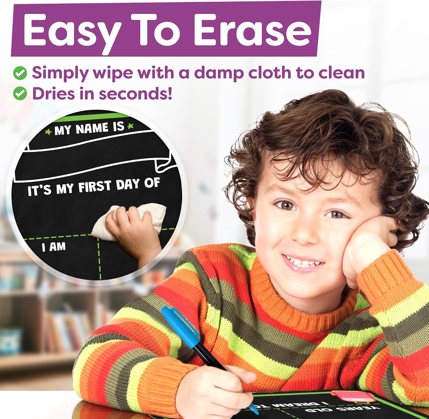 Thumbnail 5 de Momo & Nashi First Day of School Sign Board with Liquid Chalk Markers (14”x11” Double-Sided, Reusable)
