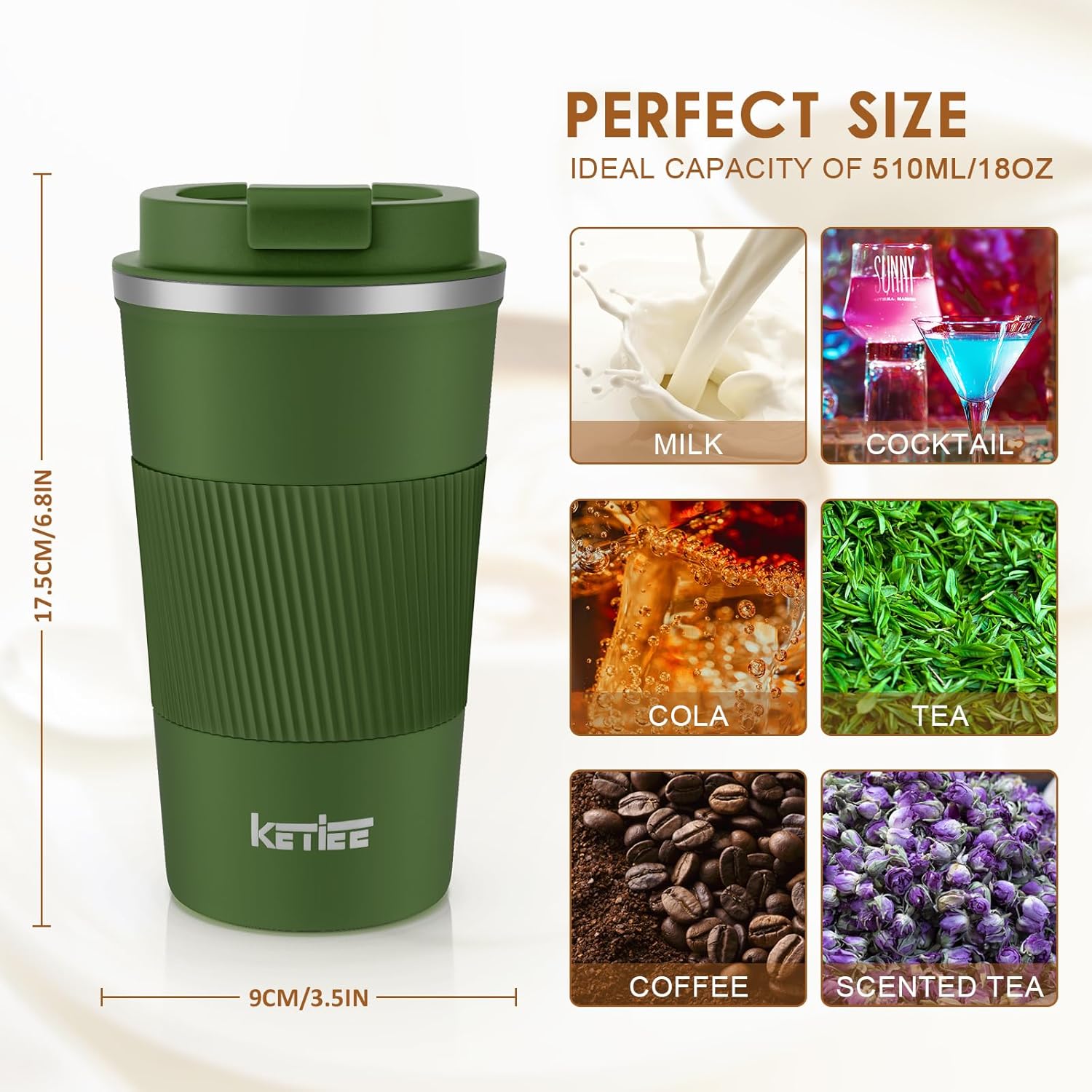Thumbnail 6 de KETIEE Kaffeebecher to go (510 ml) – vakuumisolierter Thermobecher mit auslaufsicherem Deckel, olivgrün