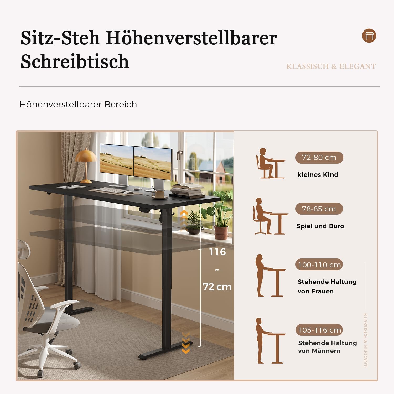Detalle de Klicelor Höhenverstellbarer Schreibtisch – Elektrisch höhenverstellbar, 100 x 60 cm, 2 Memory‑Funktionen, Schwarz