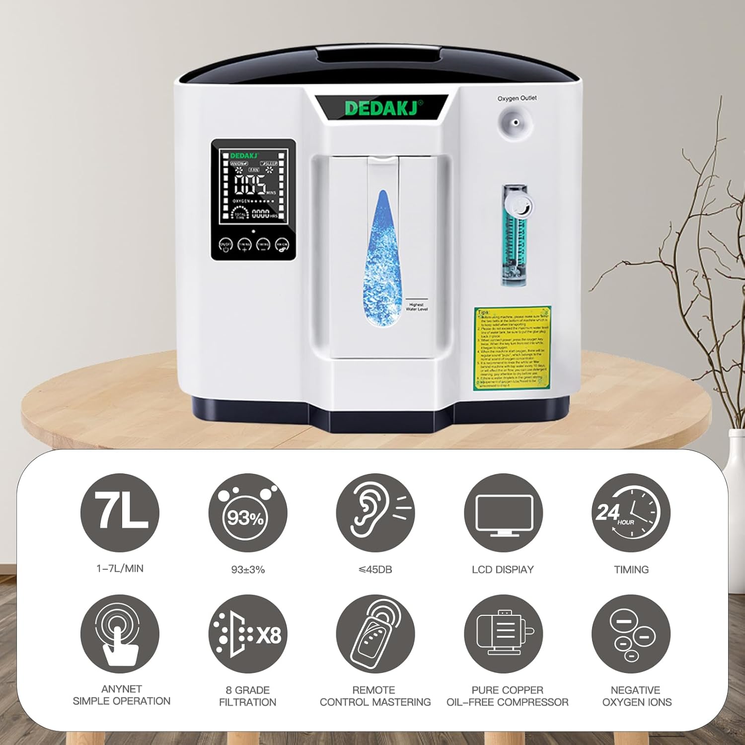 Detalle de DEDAKJ Oxygen Machine (1–7l/min) with accumulated time adjustment and wireless remote control