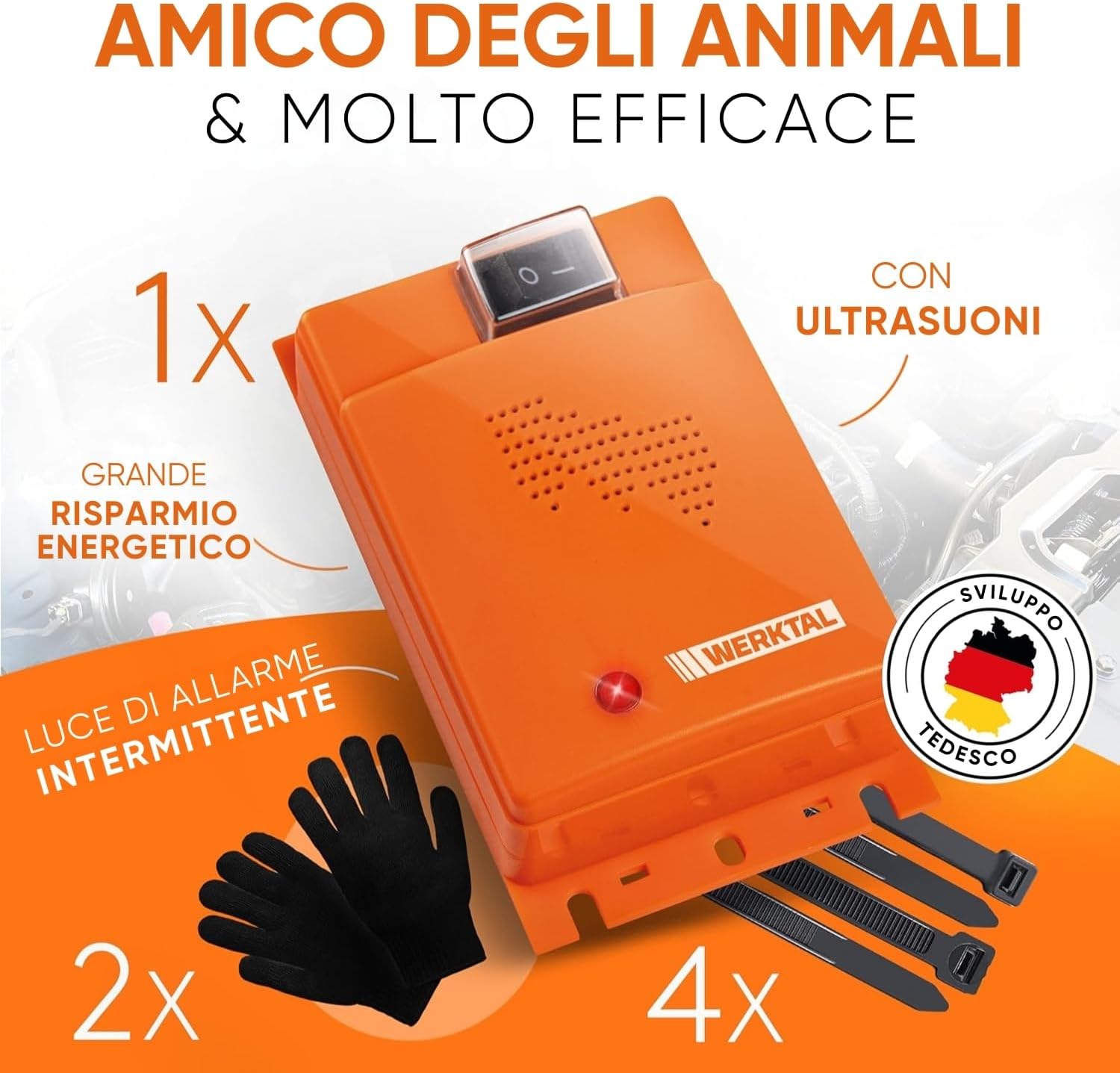 Thumbnail 1 de WERKTAL Dissuasore per Martore Auto – Protezione anti-martora a ultrasuoni e luce lampeggiante, alimentato dalla batteria dell’auto