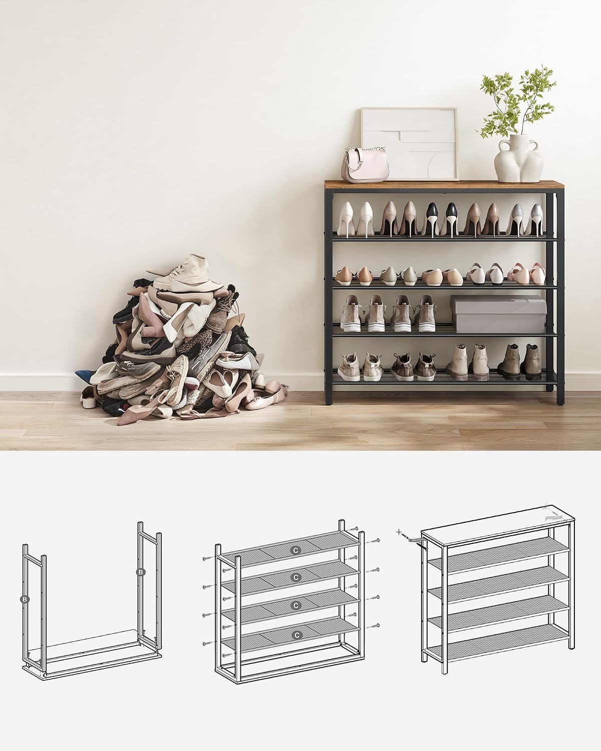 Detalle 2 de VASAGLE LBS15BX Dacey Shoe Rack, 4 Mesh Shelves, Rustic Brown and Black
