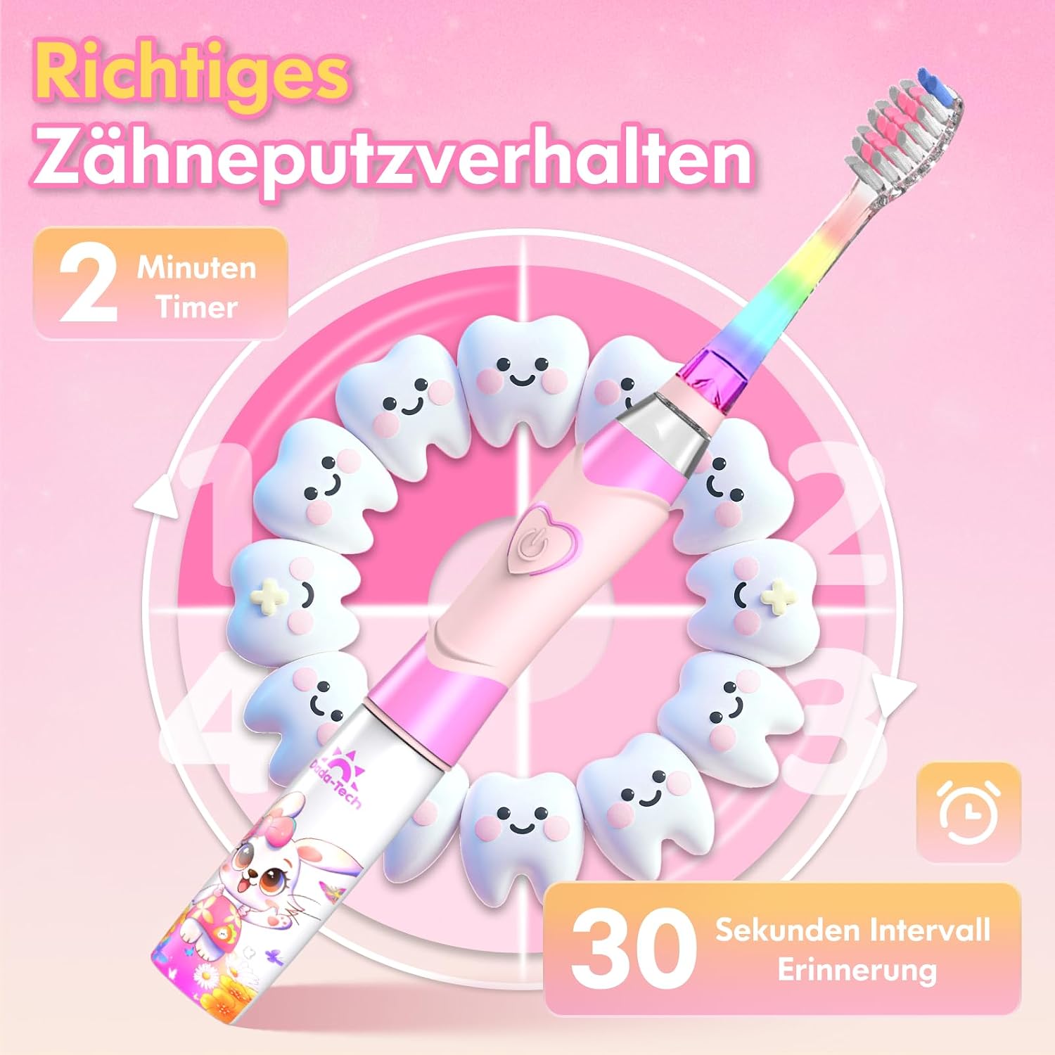 Thumbnail 5 de DADA-TECH Elektrische Zahnbürste für Kinder (rosa Kaninchen) ab 3–6–8–12 Jahren mit Regenbogen-LED & Timer
