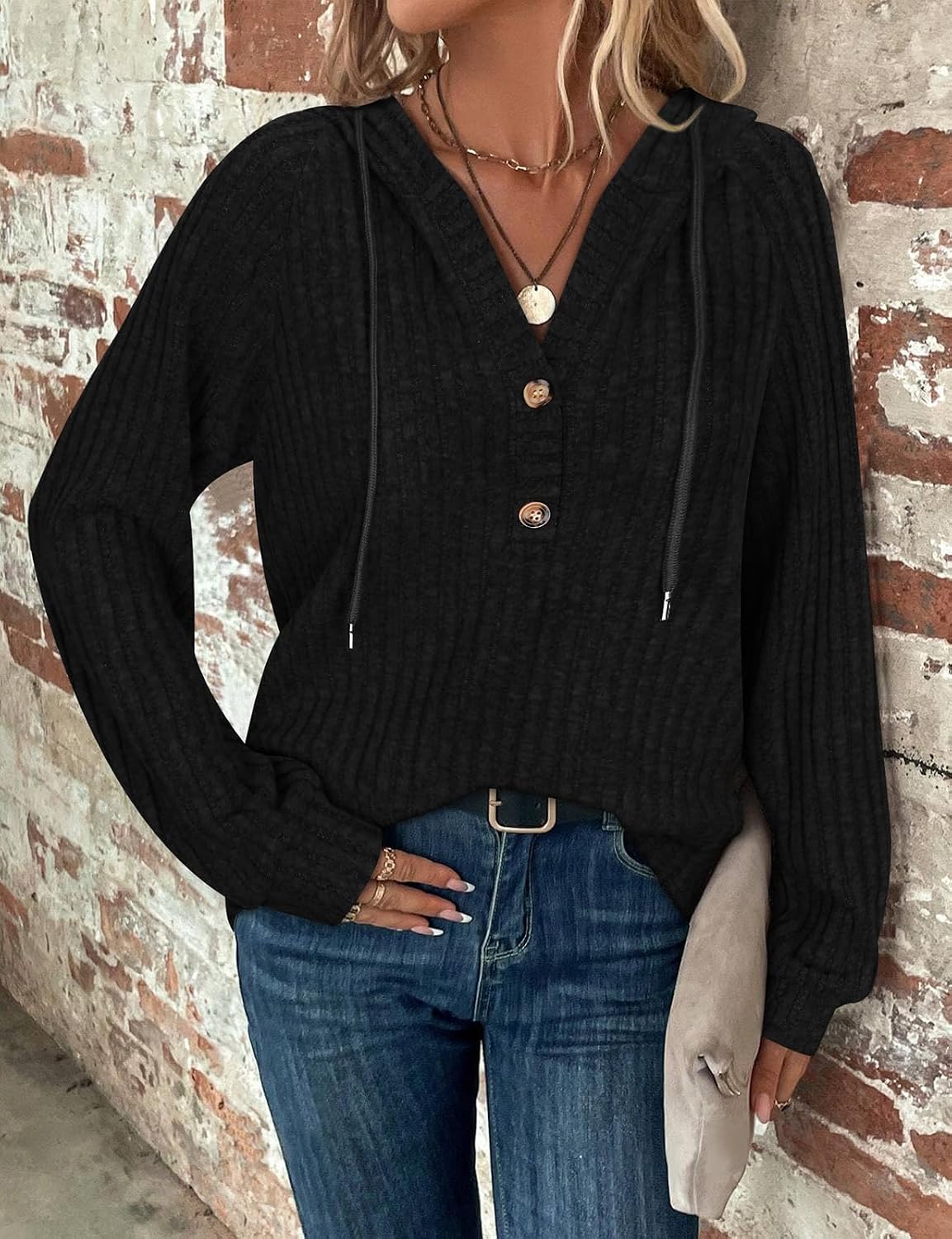 Thumbnail 3 de Women’s V-neck long sleeve drawstring hoodie jumper (65% rayon mix) with button front
