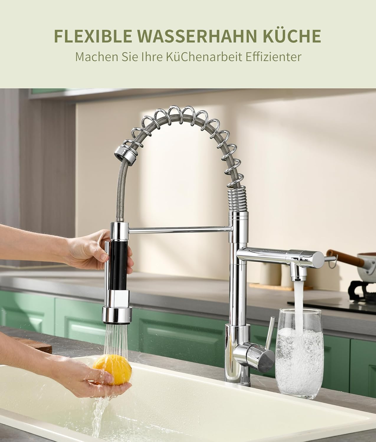 Detalle de Robinet de cuisine avec douchette extractible et rotation à 360° — Mitigeur haute pression en acier inoxydable 304