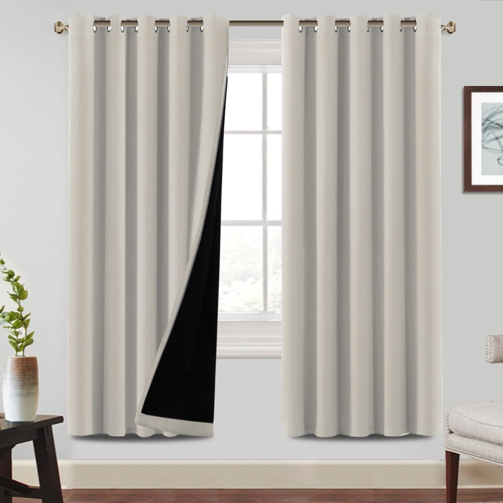 Detalle de BellaHills 100% Blackout Curtains (2 Panels) Thermal Insulated Eyelet Curtains, Black Liner, Pumice Stone, 66 x 72 Inch